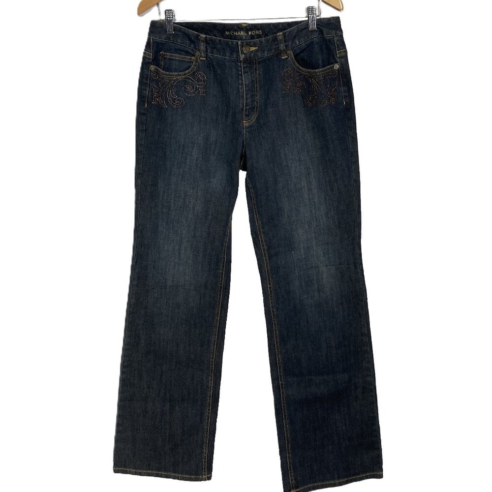 MICHAEL KORS Embroidered & Beaded Jeans, Dark Wash, Size 10